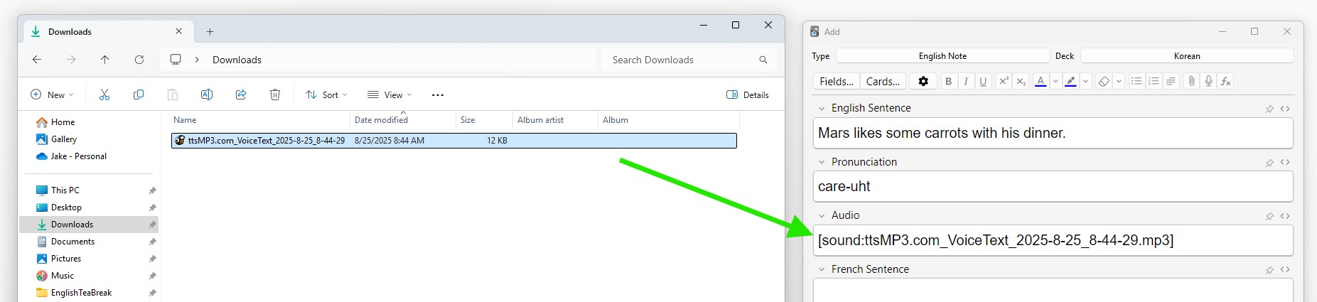 A screenshot showing the process of dragging the mp3 file from my Downloads folder into the Audio textbox on Anki.